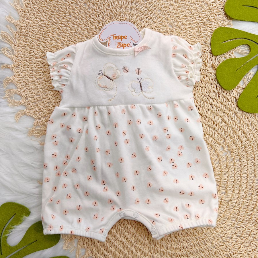 Macacão Curto Malha Trape Zape - Borboleta e Borboletinhas - Off White e Salmão